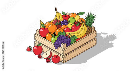 Vibrant illustration of a wooden crate filled with assorted fruit, capturing the essence of a bountiful harvest, set against a minimalist white background