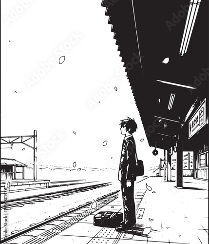 Vector illustration of a man standing alone at a train station