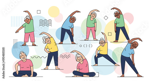 Illustration of a diverse senior yoga class with elders practicing various poses on colorful abstract backgrounds