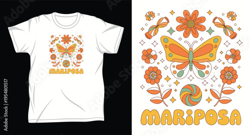 Mariposa butterfly vintage tshirt design with retro flowers and psychedelic groovy elements