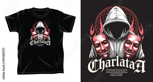 Charlatan t-shirt design with hooded hacker figure and double face masks in underground streetwear style