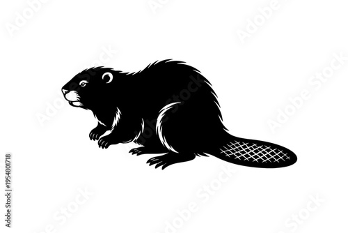 Striking black silhouette illustration of a North American beaver, showcasing its iconic flat tail and sturdy build, perfect for wildlife logos, nature designs, animal mascots, and environmental theme