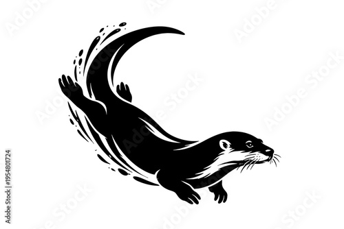 Dynamic black silhouette of a graceful otter swimming through water with elegant splashes, capturing its agile movement. Perfect vector for wildlife conservation, nature branding, education, and fine