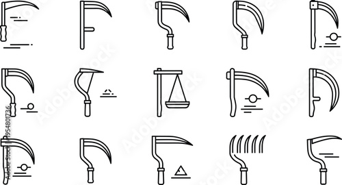 Sickle and scythe icons set with farming harvest tools line art vector illustration