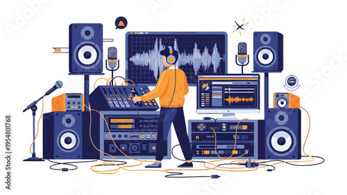 Sound Engineer at Work: A sound engineer in a state-of-the-art studio, meticulously working at the mixing console, surrounded by an array of professional audio equipment.