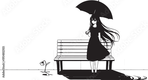 Vector illustration of a girl with umbrella sitting on a bench