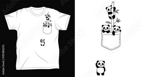 Group of cute pandas in a pocket and climbing bamboo, adorable animal t-shirt design