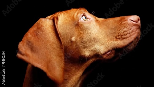 A attentive Hungarian pointer dog gazes upwards with focus and calm expression captured in a dark environment showing the breed characteristic copper coat color and alert posture during a quiet