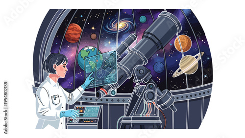 Stargazing Explorer: An astronomer at observatory, observing celestial wonders through a large telescope, studying a detailed map of Earth, against a backdrop of cosmic marvels.