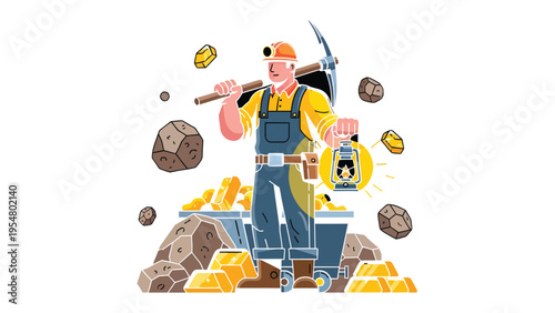 Gold Miner and His Treasure: A determined gold miner, adorned in a hard hat and overalls, proudly stands amidst a rich trove of gold and precious stones.