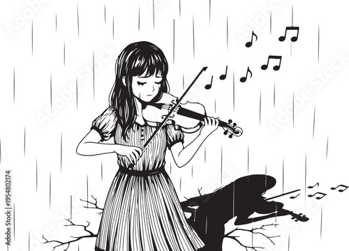 Vector illustration of girl playing violin in rain with dog