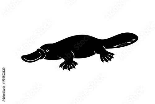 Black platypus silhouette: iconic Australian duck-billed mammal, unique semi-aquatic monotreme. Vector for conservation, education, nature designs. Showcases Ornithorhynchus anatinus, Australia's faun