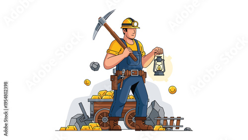 Mining Treasure: An illustration depicting a dedicated miner standing next to a cart overflowing with golden treasure, pickaxe in hand, and a lantern illuminating the path ahead.