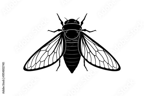 Detailed black and white vector illustration of a cicada insect, a graphic design featuring its distinctive wings, robust body, and segmented abdomen in a clear, top-down view. Perfect for nature-them