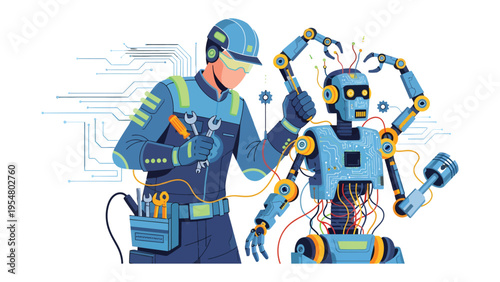 Robot Repair: A technician meticulously repairs a complex robot, highlighting the synergy of human expertise and advanced technology. The scene evokes a sense of innovation and precision.
