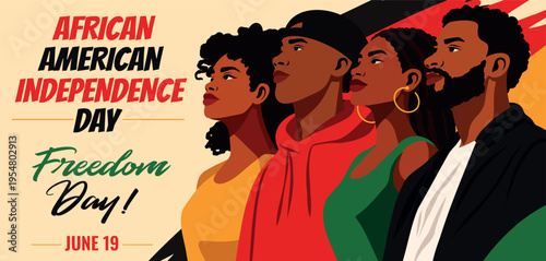 African American Freedom Day, Juneteenth, Independence Day, Emancipation Day, June 19th. Men and women looking upward in color palette symbol liberation, equality, empowerment, unity. Vector banner