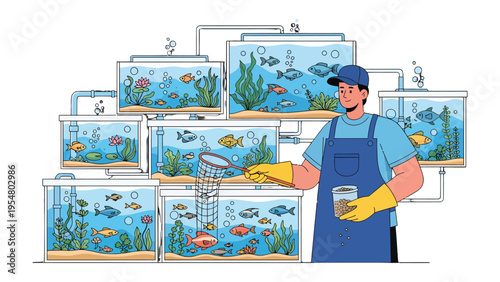 Aquarium Care: A dedicated aquarist meticulously tends to a vibrant collection of aquariums, demonstrating expertise in the care of aquatic life.