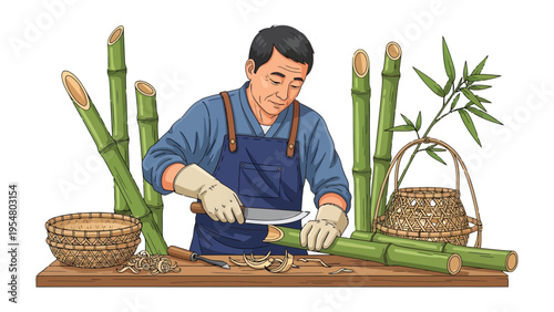 Artisan's Craft: A skilled artisan meticulously works with fresh bamboo, demonstrating traditional craftsmanship, with focused concentration and passion.