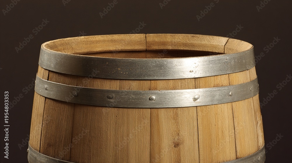 Fototapeta premium crosssection. Cross-section of a wooden barrel with metal hoops against a dark background. bar promotions, beverage menus, designed for product packaging and bar promotions.