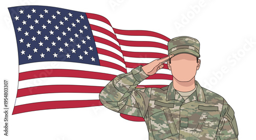 Patriotic illustration of a service member in uniform saluting the American flag, symbolizing national pride and respect