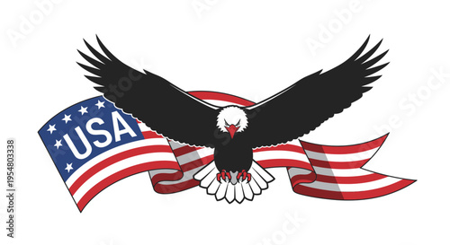 American bald eagle soaring with USA flag ribbon