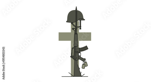 Memorial tribute to fallen soldiers with cross, rifle, and helmet on white background