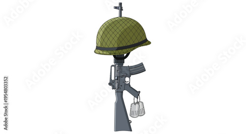 A poignant battlefield memorial honoring fallen heroes, featuring a soldier's helmet, rifle, and dog tags, symbolizing ultimate sacrifice and remembrance