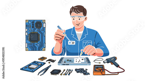 Tech Repair Artisan: A skilled technician meticulously works on electronic components, surrounded by a comprehensive array of tools and circuit boards, representing expertise.