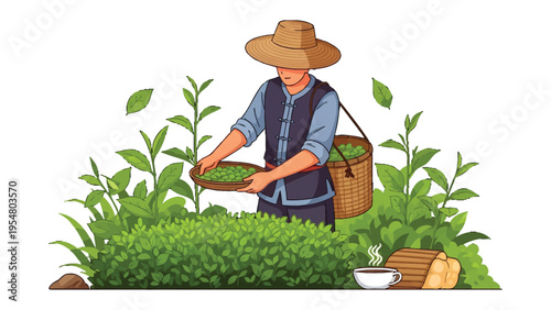 Tea Picker's Labor: A dedicated tea picker, adorned in traditional attire, meticulously harvests fresh tea leaves from a vibrant bush, epitomizing the essence of a serene countryside tea plantation.