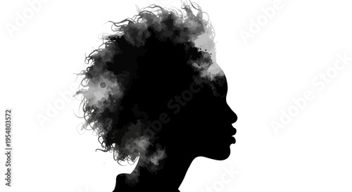 Woman profile silhouette with voluminous curly afro hairstyle, isolated on white background