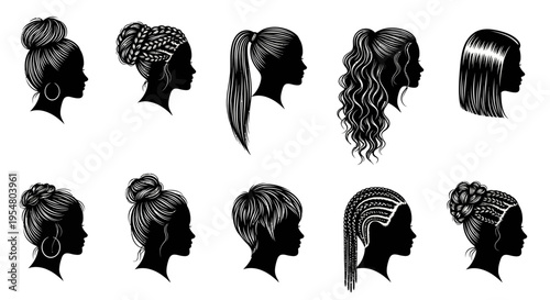 Diverse women hairstyle silhouettes collection, various hair textures and updos, isolated on white background