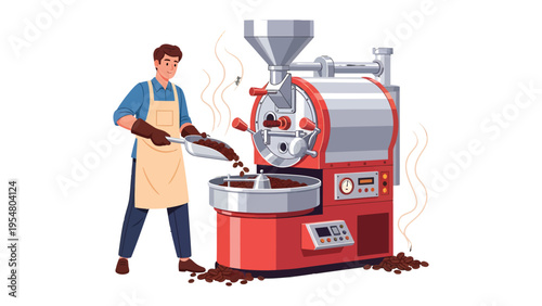 The Art of Coffee Roasting: A skilled individual meticulously roasts coffee beans using advanced machinery, the air filled with the rich aroma of freshly roasted coffee.
