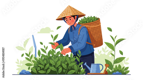 Tea Harvest in the Field: A hardworking individual with a traditional conical hat diligently harvests tea leaves in a verdant field.