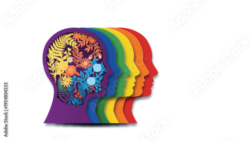 Paper art style vector illustration of diverse people celebrating Pride Month with a large rainbow heart, hot air balloon and flag. Love and diversity concept.