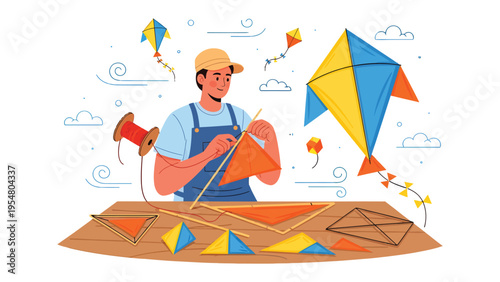 Crafting Dreams: An artisan meticulously constructs a kite, surrounded by colorful kites, embodying creativity and craftsmanship in the open air.