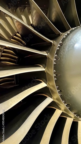 Close-up of a turbofan aircraft engine fan, showcasing symmetrical blades and spinner cone