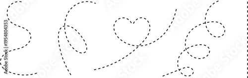 A versatile set of black dashed lines illustrating diverse creative paths curves geometric shapes a heart and elegant spirals design elements