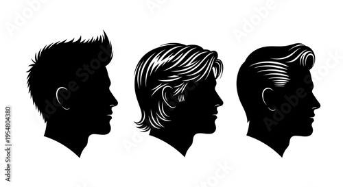 Men hairstyle silhouettes collection, various modern haircuts and profiles, isolated on white background
