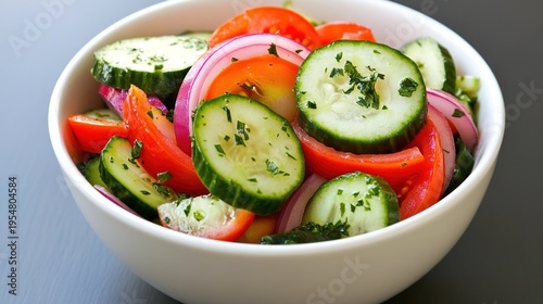 cucumber. Fresh vegetable salad in a white ceramic bowl, showcasing vibrant colors under soft natural window light. menu design.