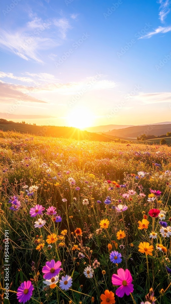 Obraz premium Wildflower meadow at golden hour, flowers blooming in warm sun rays, soft focus vibrant nature
