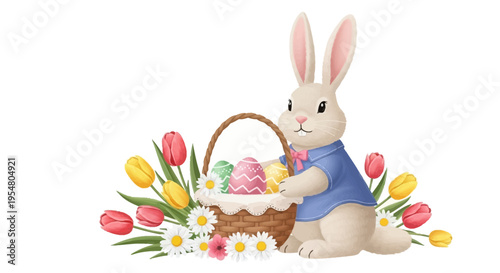 Cute Bunny with Easter Eggs and Colorful Tulips in a Spring Garden Setting for Holiday Celebrations