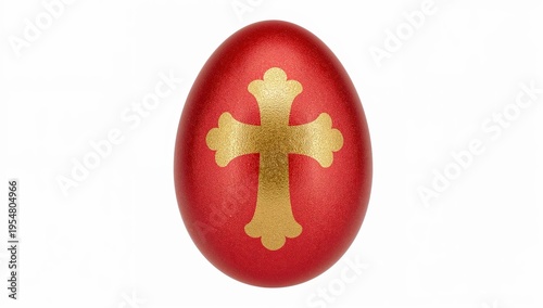 Red easter egg with gold cross symbol isolated on white background, symbolizing orthodox christian traditions and festive celebration