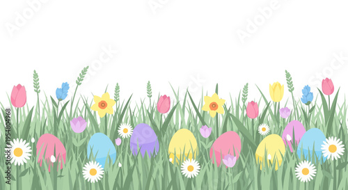 Colorful Spring Floral Scene with Easter Eggs and Wildflowers in Lush Green Grass