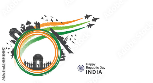 Indian Republic Day Celebration Banner with India Gate, Military Silhouettes, and Tricolor Smoke Trails of Fighter Jets