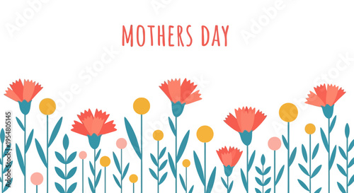 Happy Mother's Day Floral Banner with Flat Vector Carnations and Wildflowers on White Background for Greeting Card, Poster, and Social Media Design