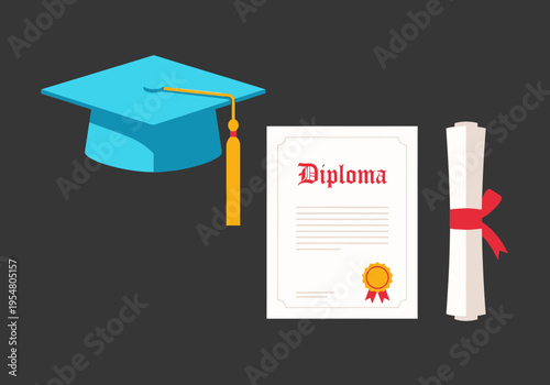 Graduation Cap, Diploma Certificate, and Rolled Scroll Icons Set. Academic Success and University Education Symbols isolated on Dark Background.