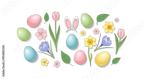 Colorful Easter Eggs and Spring Flowers Arranged in a Delightful Seasonal Composition for Celebrations and Decor