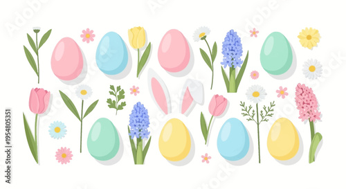 Colorful Easter Eggs and Spring Flowers Arrangement for Seasonal Celebrations and Decorations