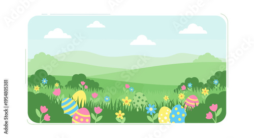 Colorful Easter Eggs Hidden Among Vibrant Flowers in a Lush Green Landscape Under a Bright Sky