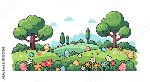 Colorful Spring Landscape with Easter Eggs Flowers and Trees in a Serene Nature Scene for Celebrations and Decorations